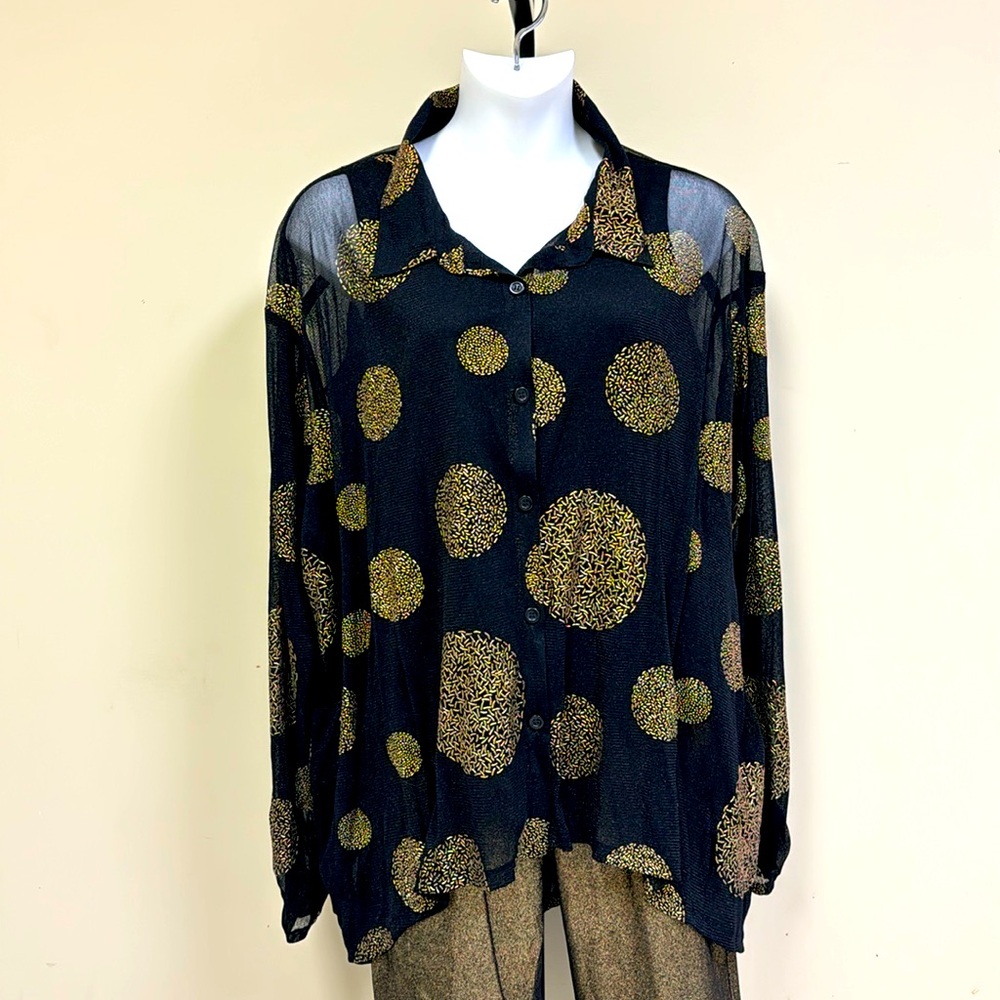 berek Black Sheer Button-Up Blouse with Gold Dot Print